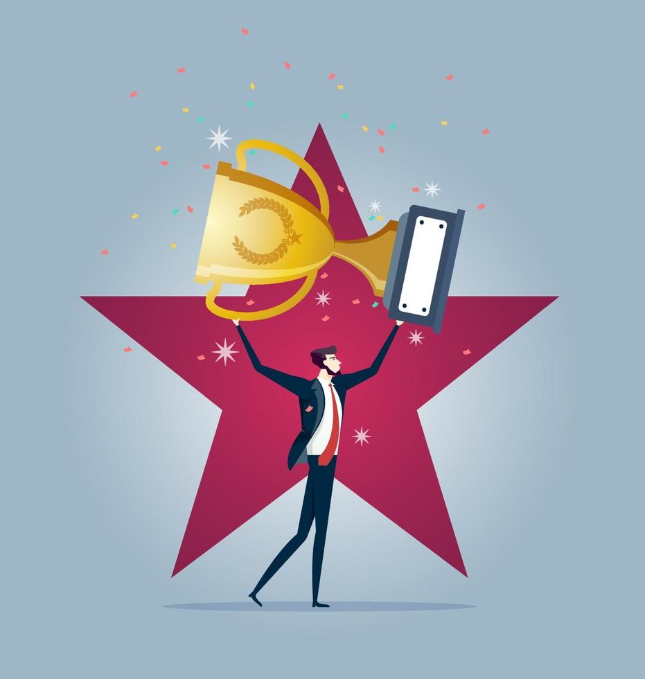 Businessman standing and holding the award trophy. Business concept vector