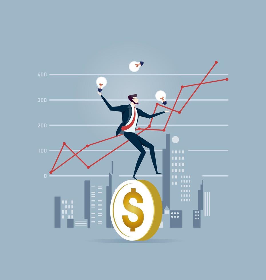 Businessman trying to stand a dollar coin on a rope. Business concept vector