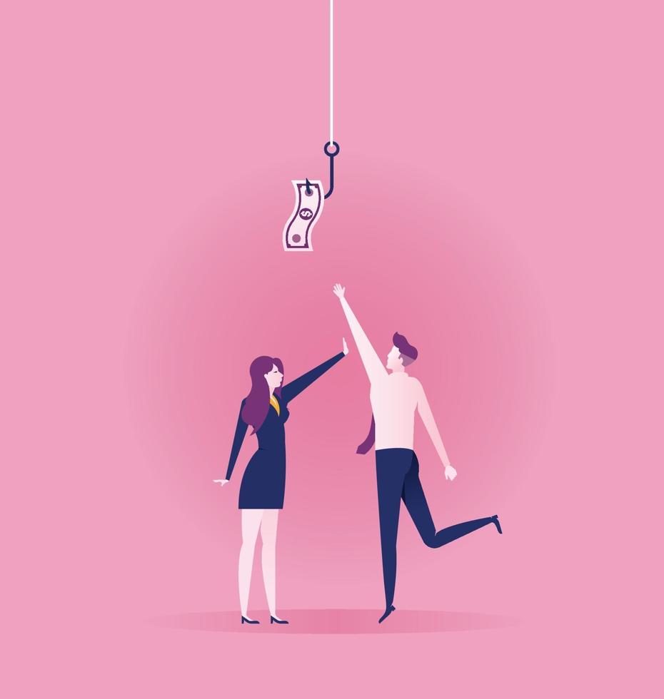 Businessman tries to pick money from hook trap. Money as trap business concept vector