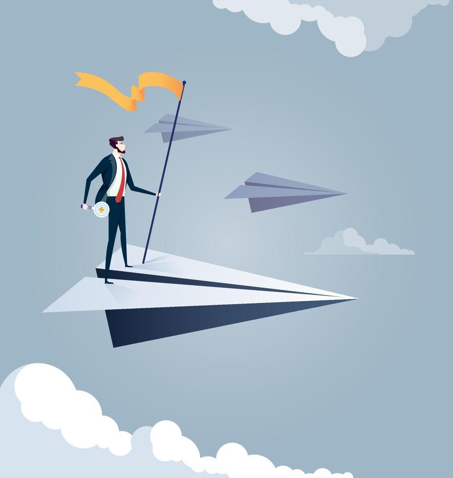 Business concept illustration of businessman on paper plane, opportunity, vision in business vector