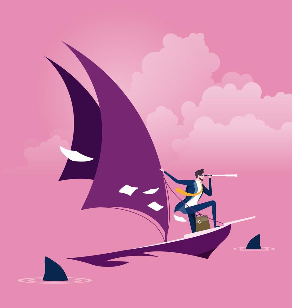 Businessman on a sailing boat with sharks around. Risk and challenge concept vector