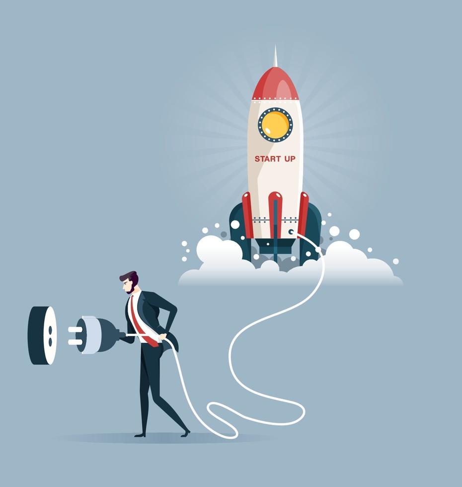 Businessman plugging in a start up rocket. Start up concept vector