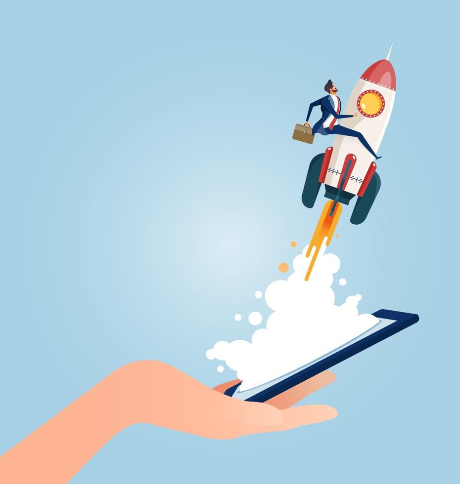 Businessman riding a rocket launching from smartphone vector