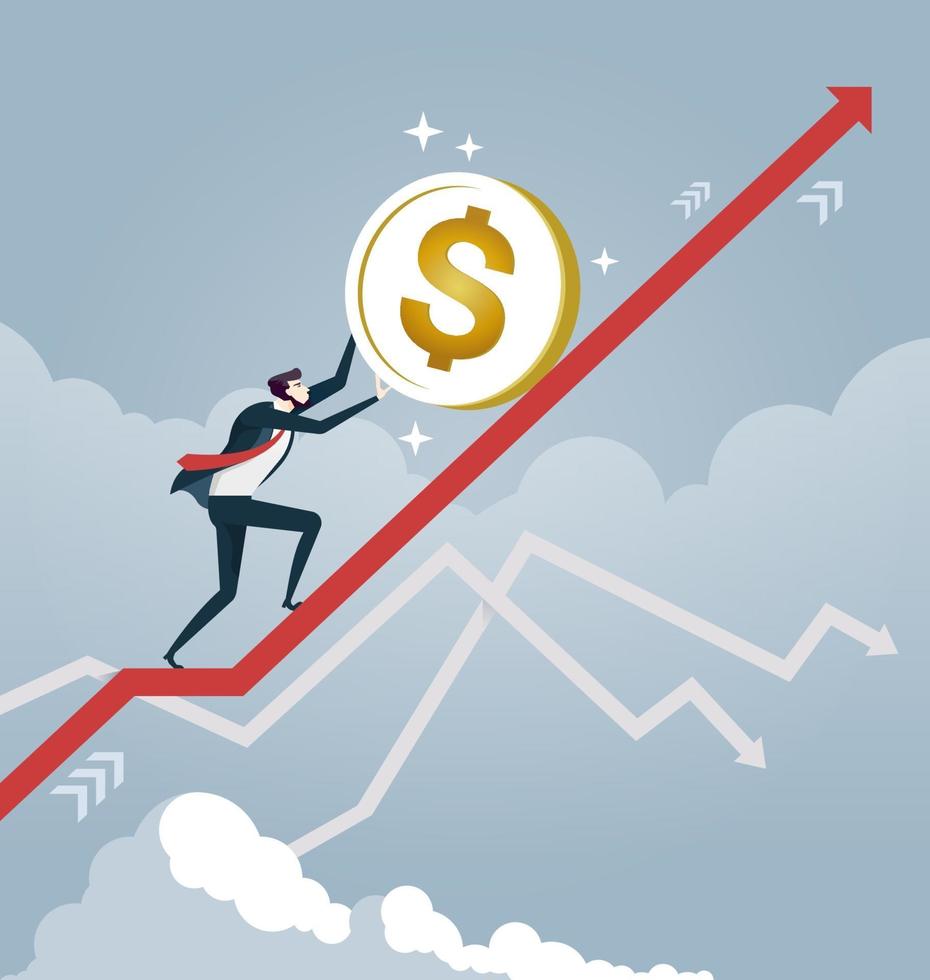 Businessman rolls a dollar coin up on arrow. Business concept vector