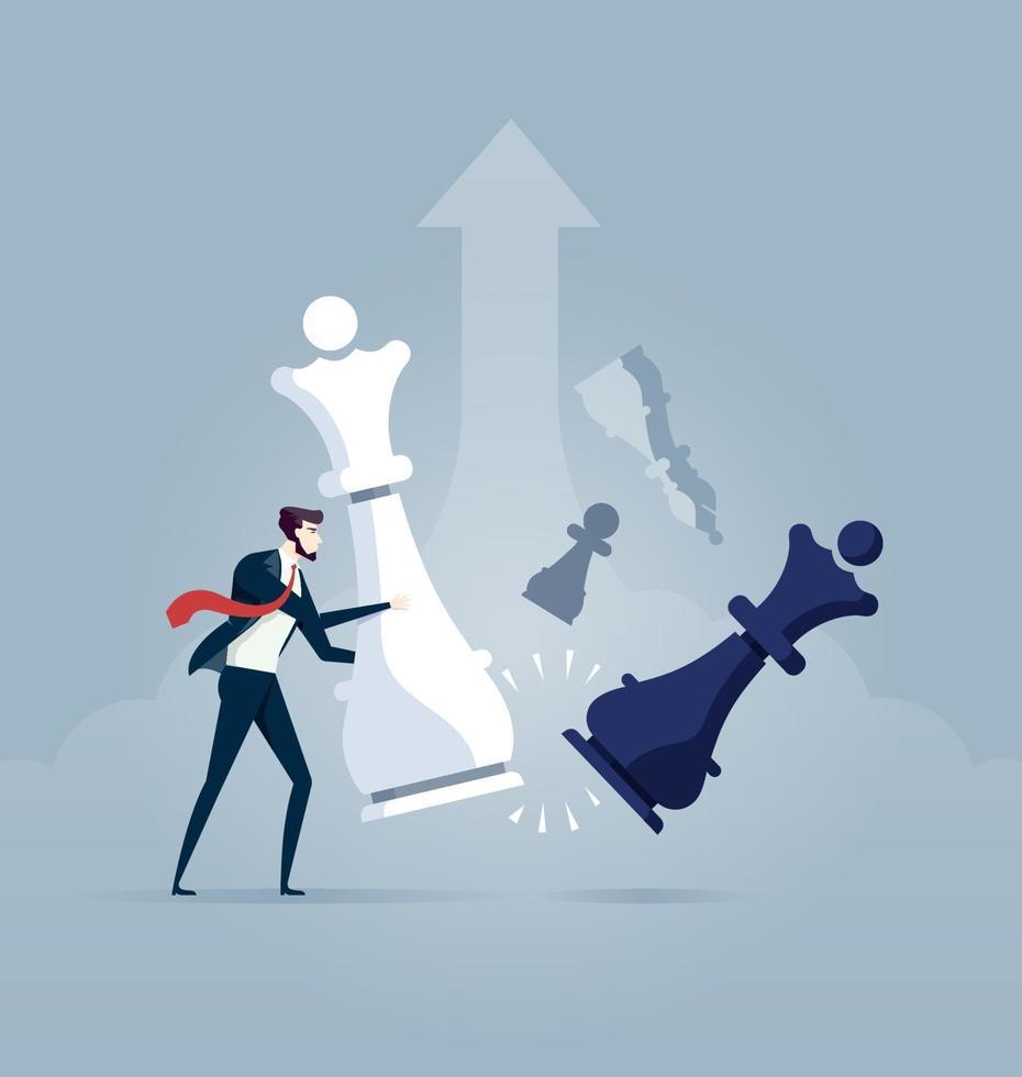 Business plan and strategy concept. Businessman moving giant chess piece against another chess piece vector