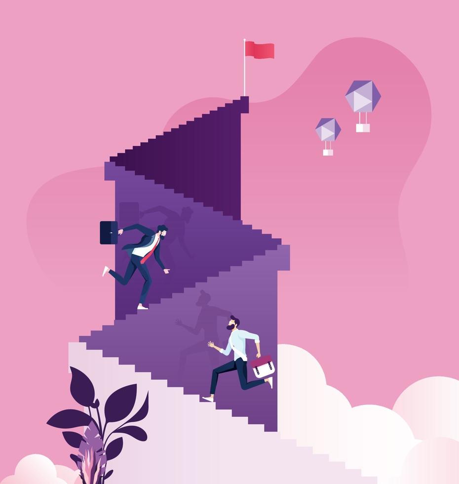 Businessman running up stairway to mountain peak. Business success vector concept