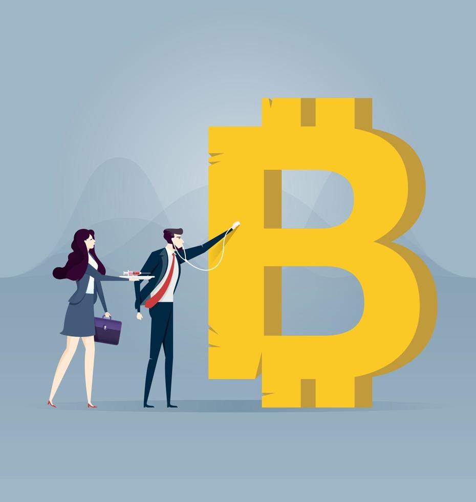 A Businessman examining the bitcoin sign vector