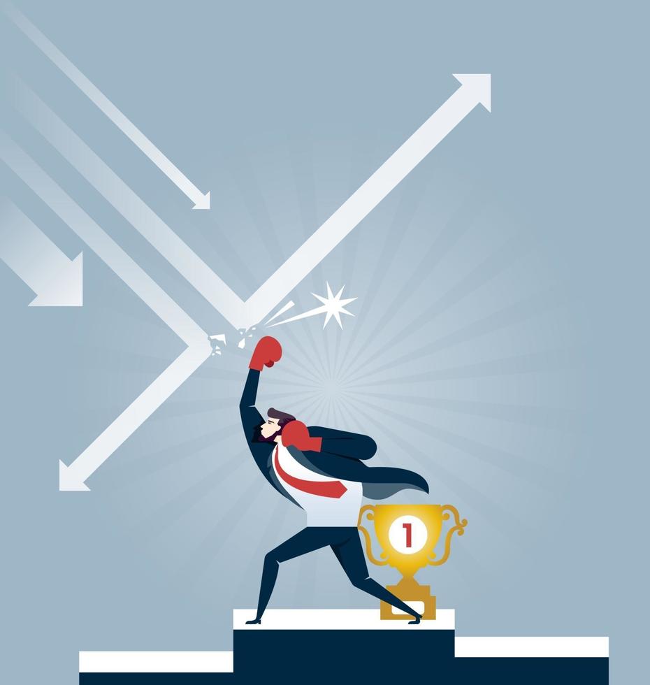 Businessman in boxing gloves punching arrow for protect trophy. Business concept vector