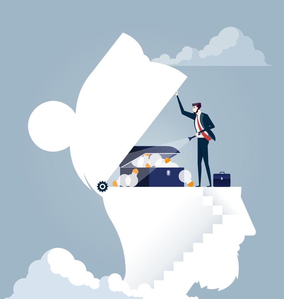 Businessman finding a idea treasure in a head. Business concept vector