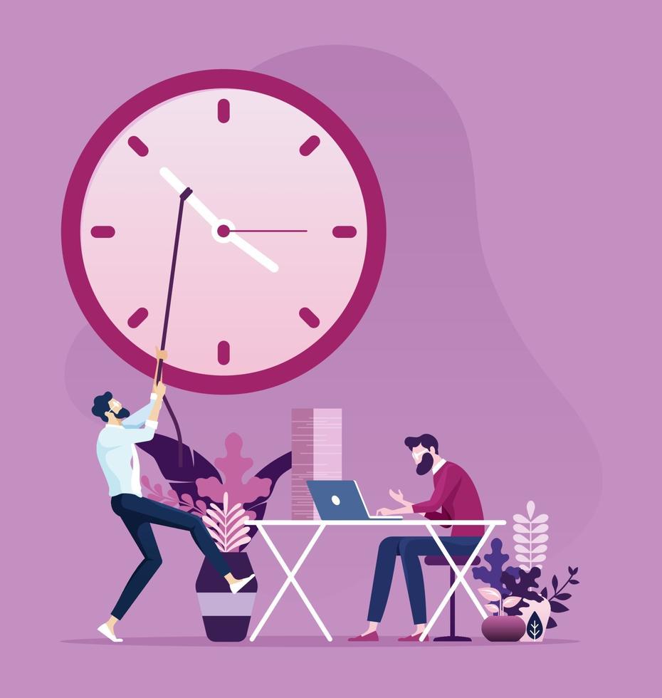 Businessman moves clock hands to change the time vector
