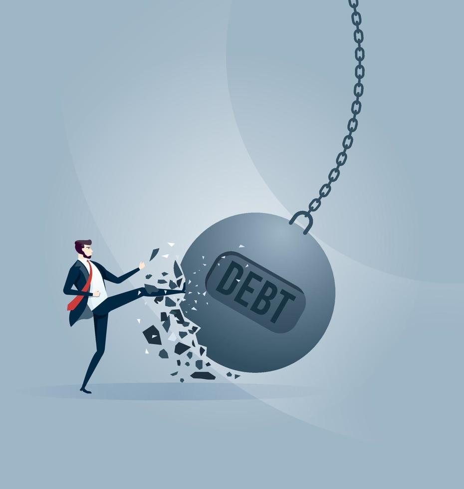 Businessman kicks a giant wrecking ball with debt word vector