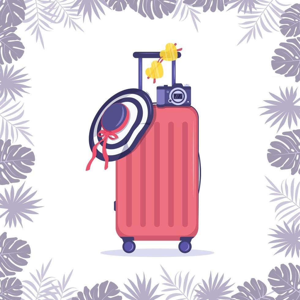 Set of summer items and frame from palm leaves Bright pink suitcase striped hat with bow travel camera and yellow glasses for seaside vacation vector