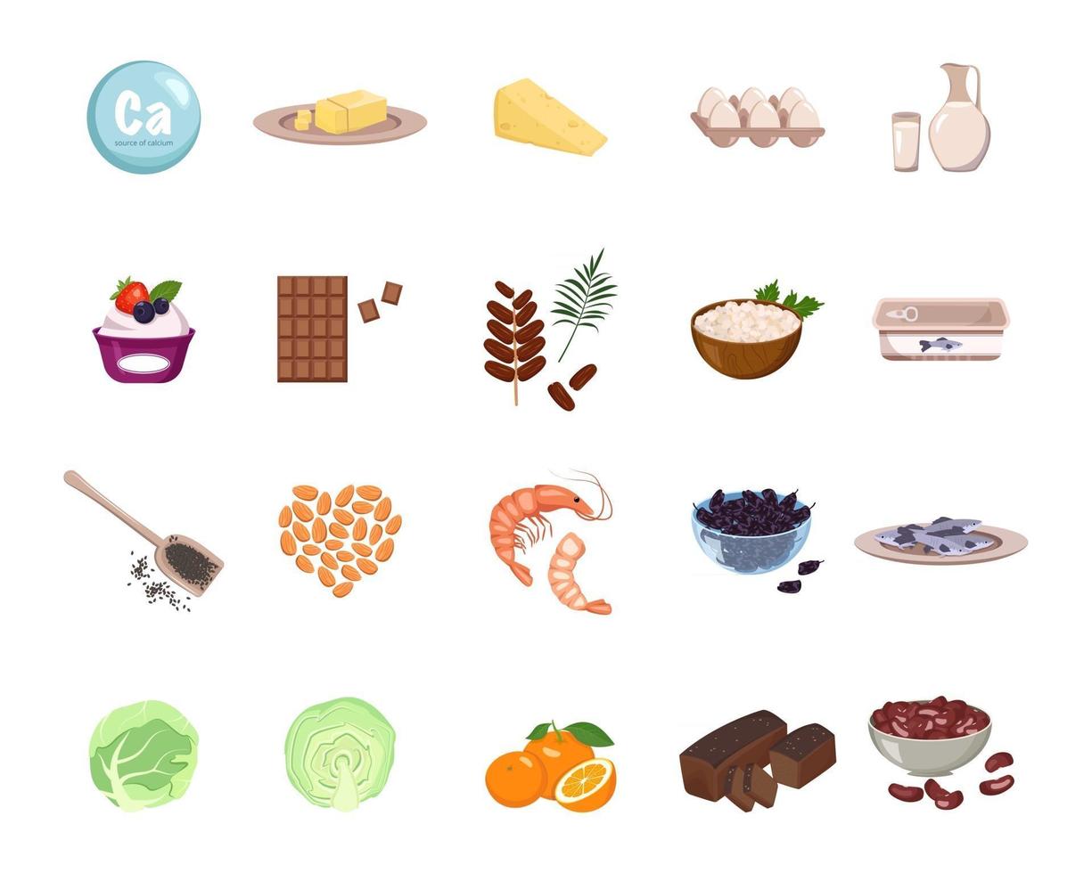 Source of calcium. A set of dairy products, nuts and dried fruits. Natural organic food high in minerals. Time for health and care. Vector flat illustration