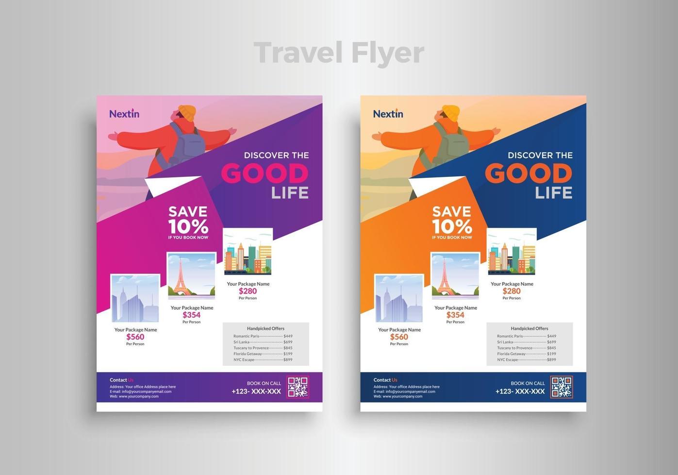 Travel flyer template design with contact and venue details vector