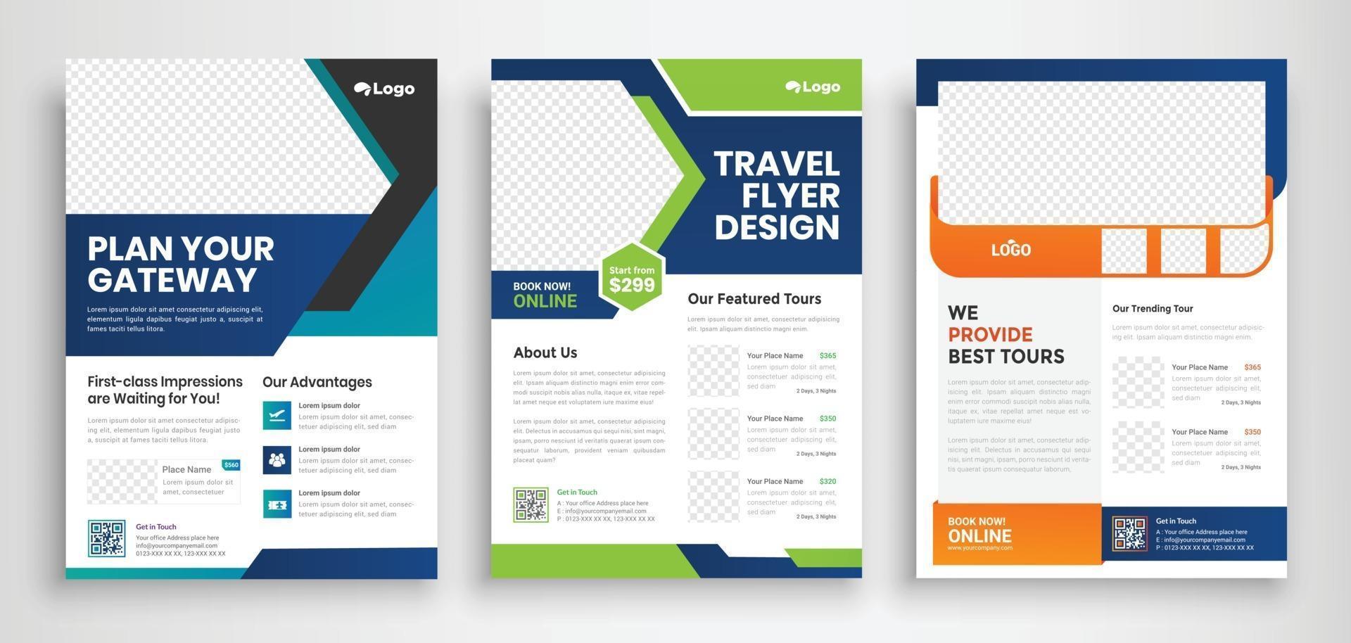 Travel flyer template design with contact and venue details vector