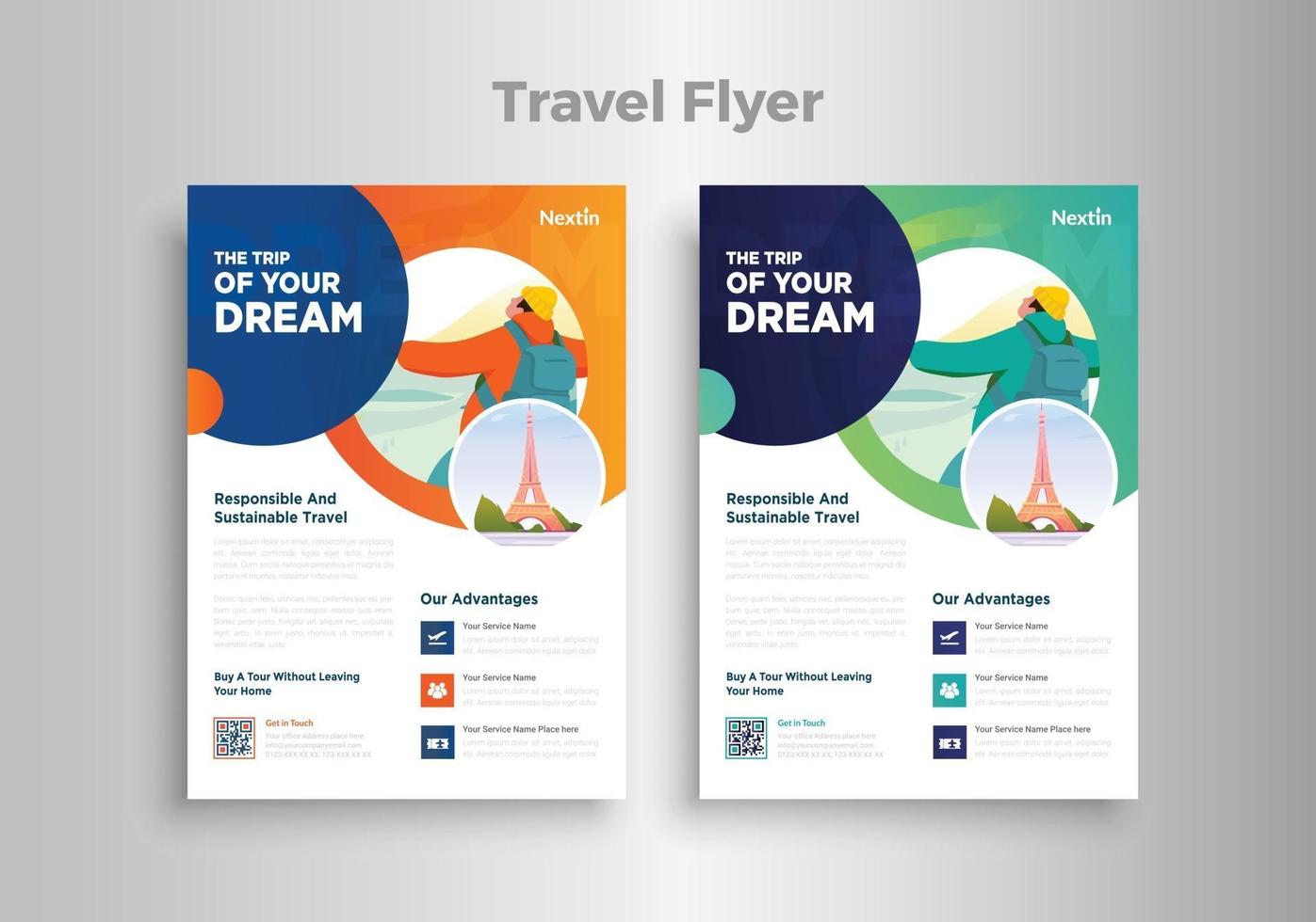 Travel flyer template design with contact and venue details vector