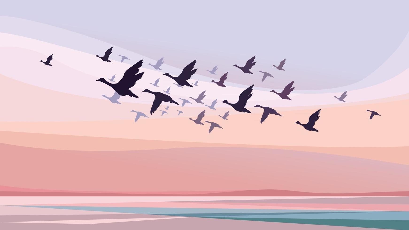 aves migratorias al atardecer vector