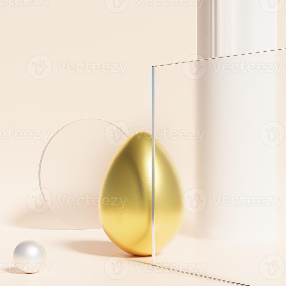 Easter egg decorated with gold with abstract showcase beige background spring April holidays card 3d illustration render photo