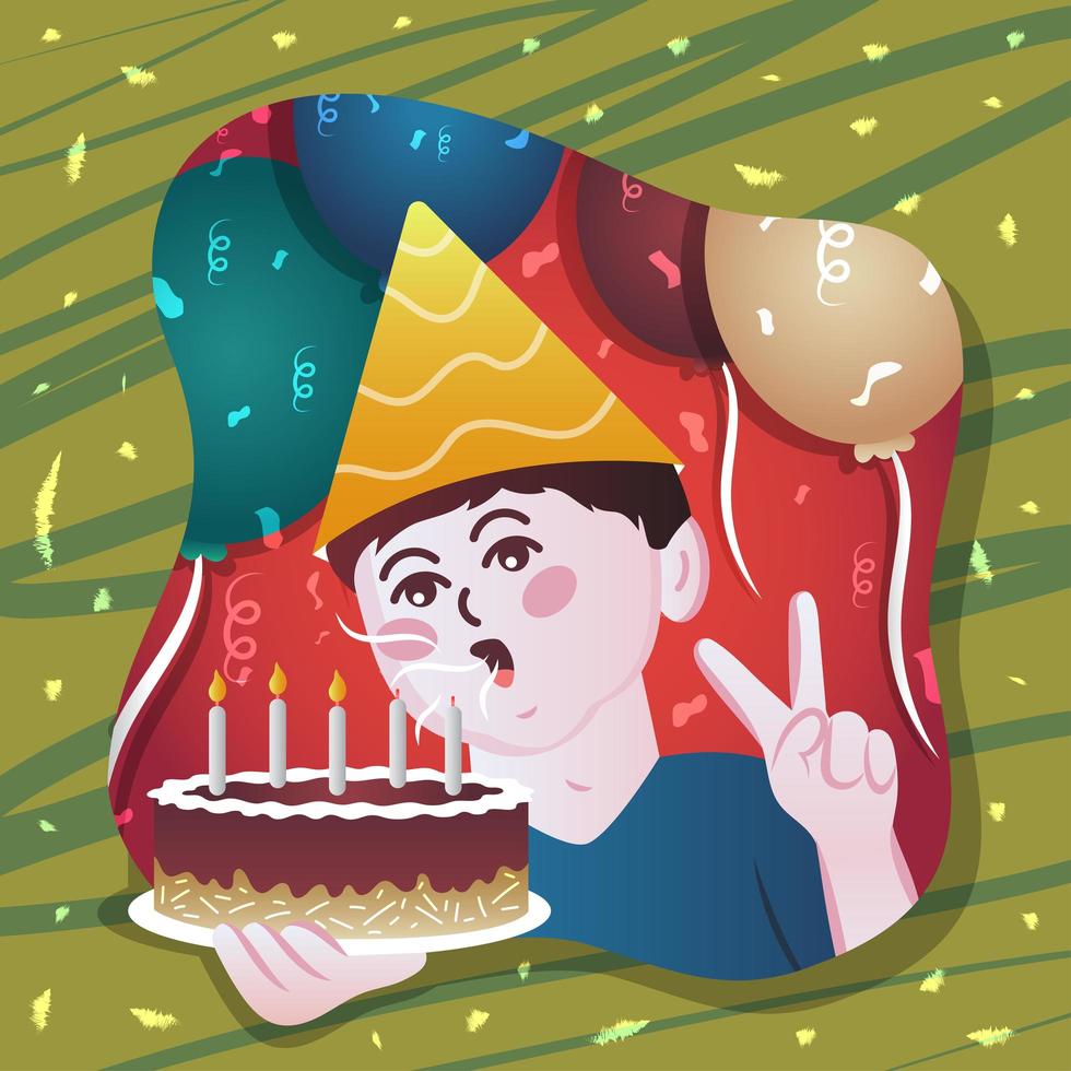 Boy Holding Birthday Cake with Balloons vector