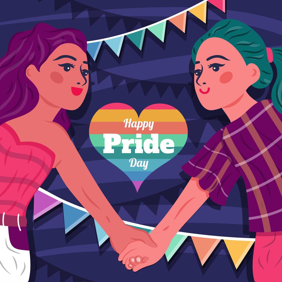 feliz día del orgullo con la pareja de mujeres tomados de la mano vector