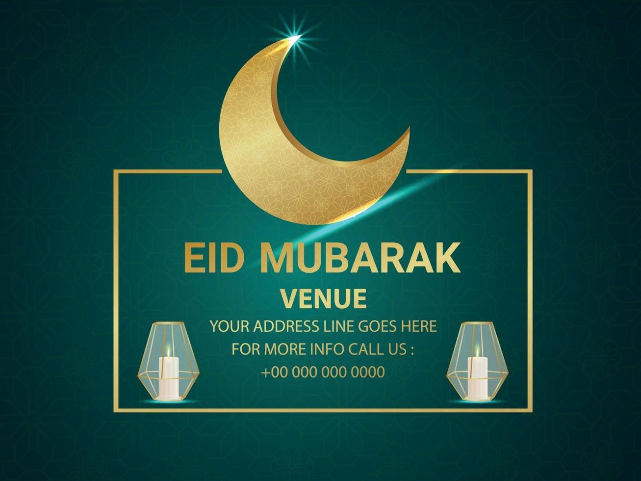 tarjeta de felicitación de invitación de eid mubarak con luna y linterna de patrón dorado vector