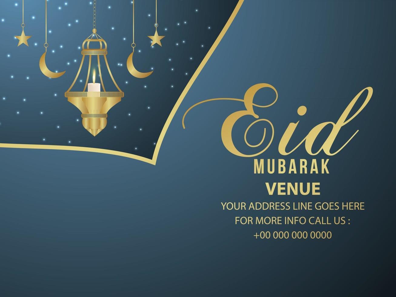 Eid mubarak invitation greeting card with vector illustration of golden lantern and moon