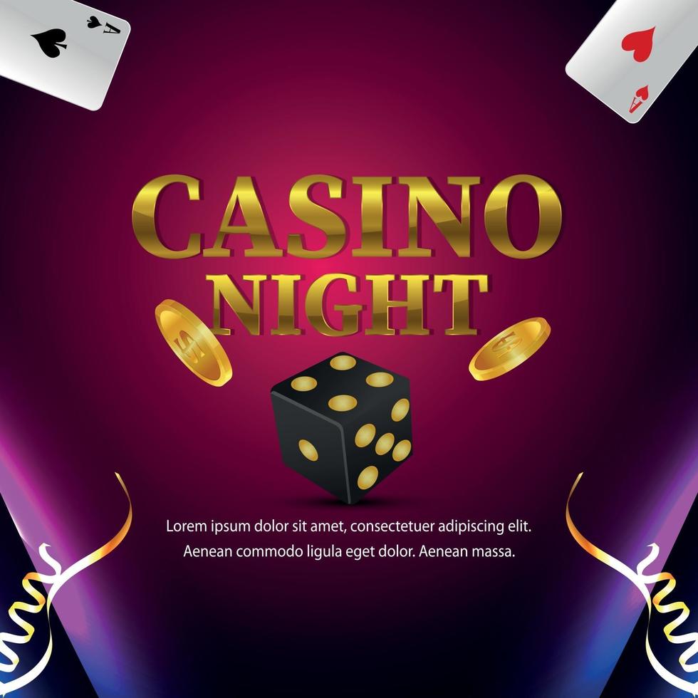 Tarjeta de invitación de juego de juego de fiesta nocturna de casino con naipes y dados vector