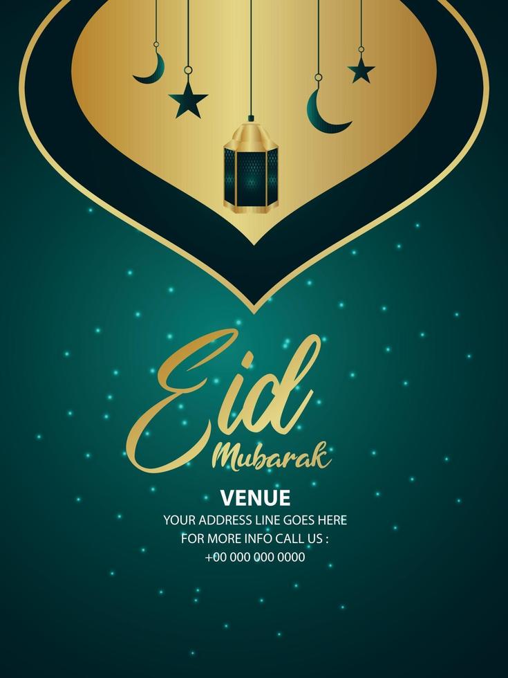 Islamic festival eid mubarak invitation party flyer with realistic golden lantern vector