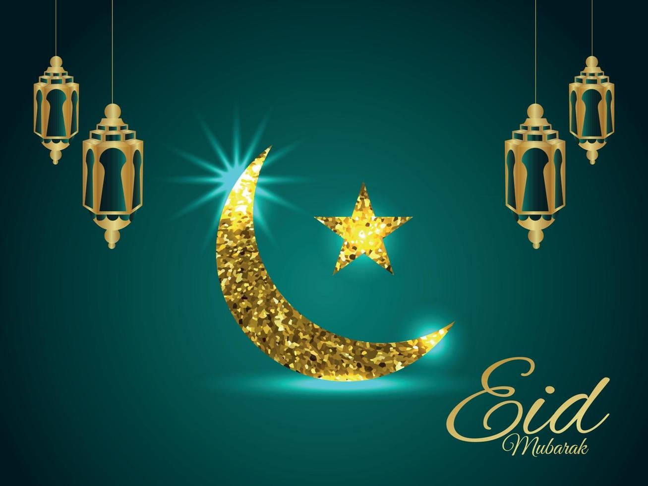 Eid mubarak vector glitter golden moon and lantern