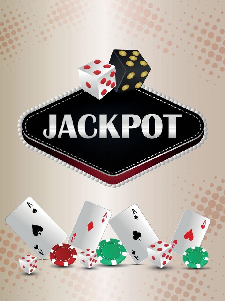 Jackpot casino gambling game with playing cards chips and dice vector