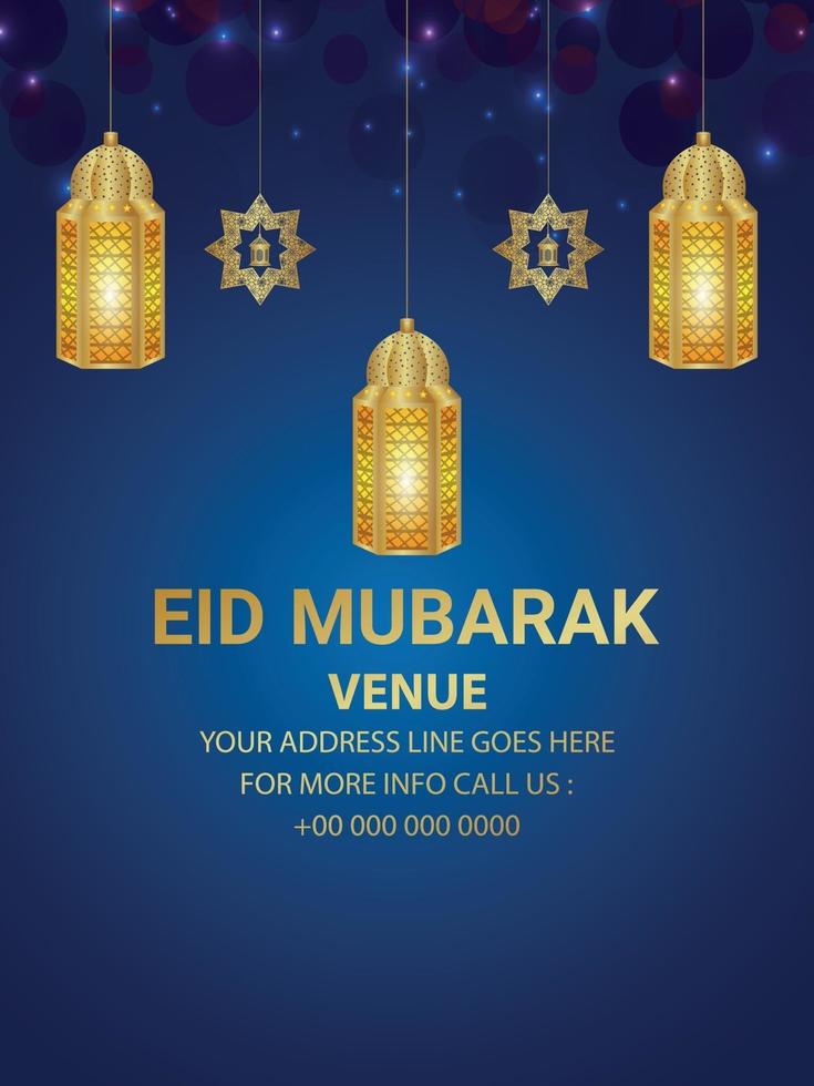 Eid mubarak invitation party flyer with golden lantern on blue background vector
