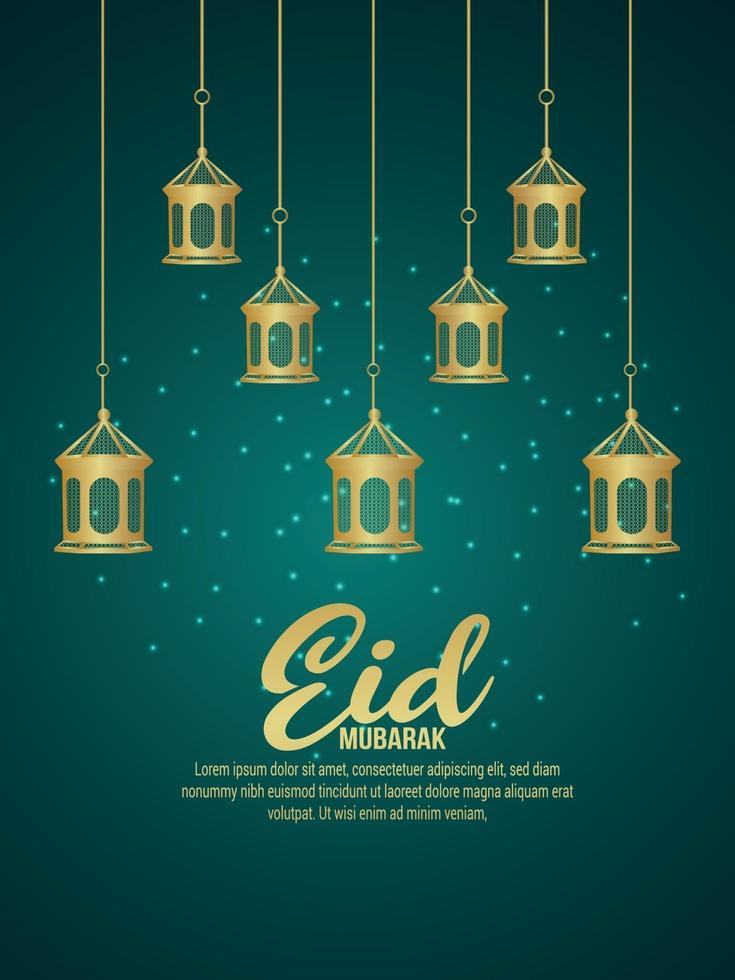 Islamic festival eid mubarak invitation party flyer with realistic golden lantern vector