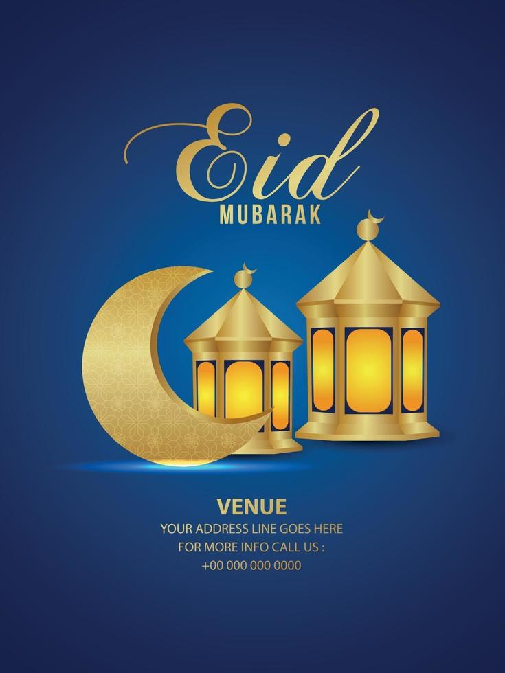 Realistic golden pattern moon and islamic lantern of eid mubarak on blue background vector