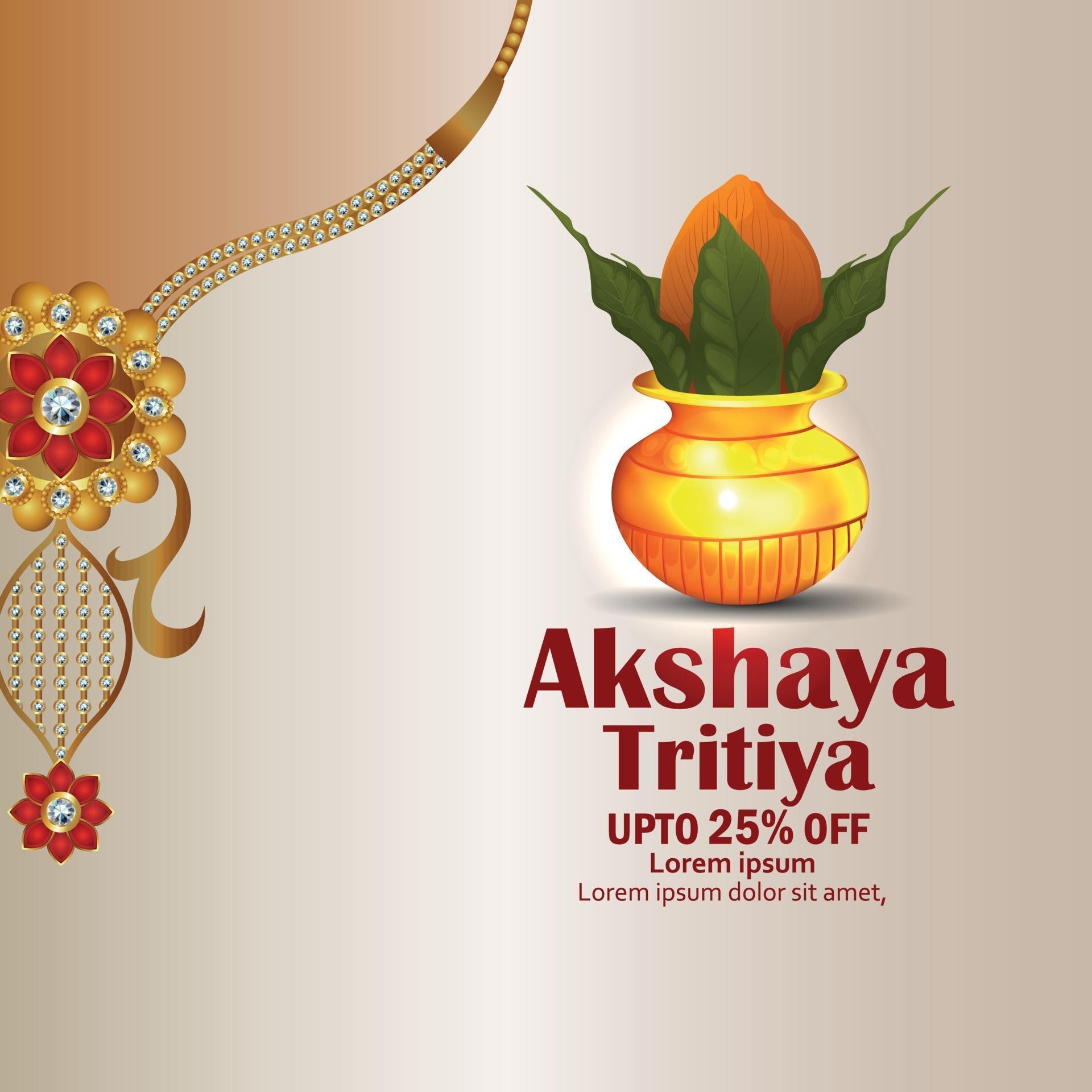 Akshaya tritiya celebration greeting card with golden kalash and gold 