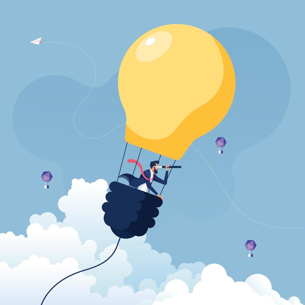 Businessman searching for opportunities in hot air balloon light bulb vector