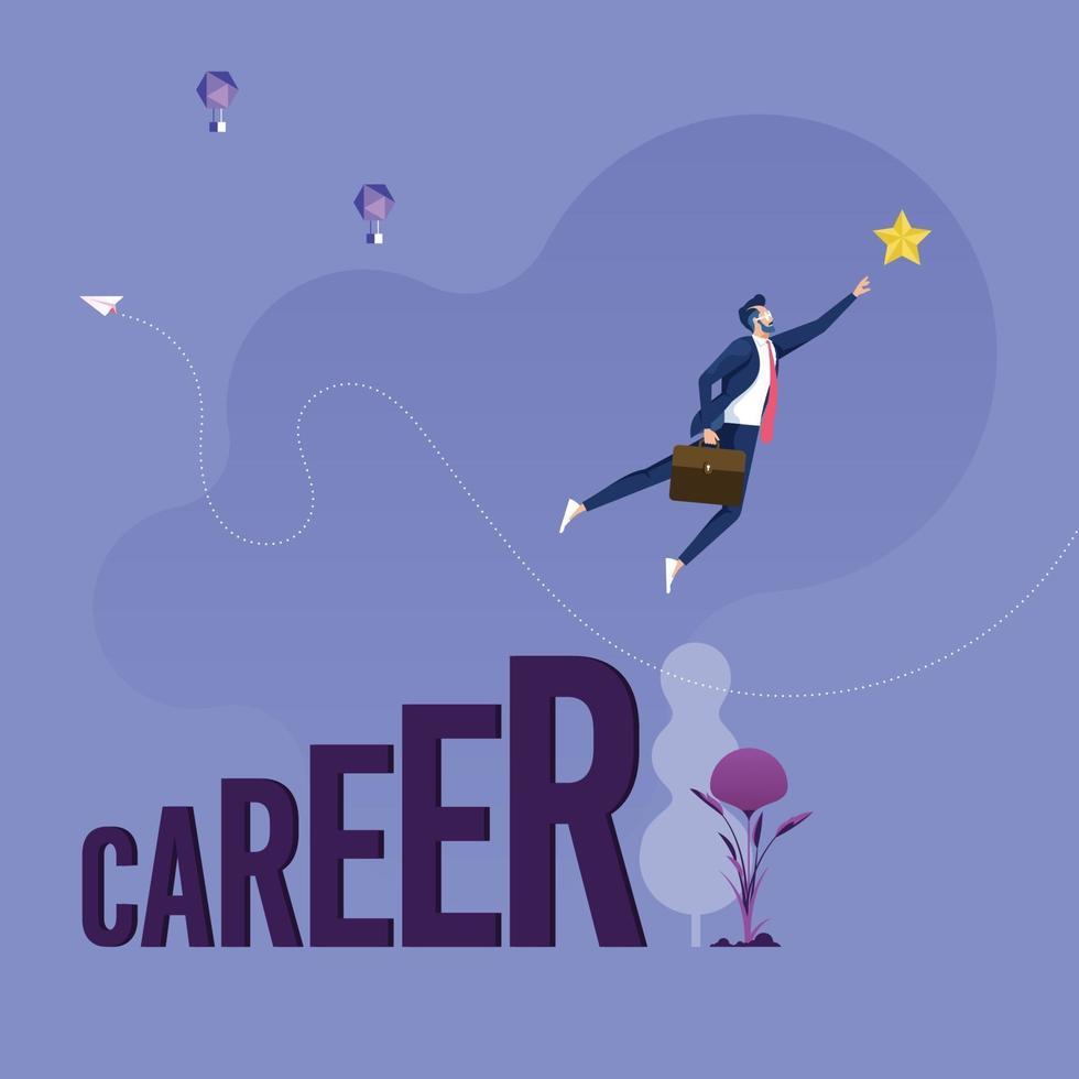 Businessman running up the career stair and jumping to gold star vector