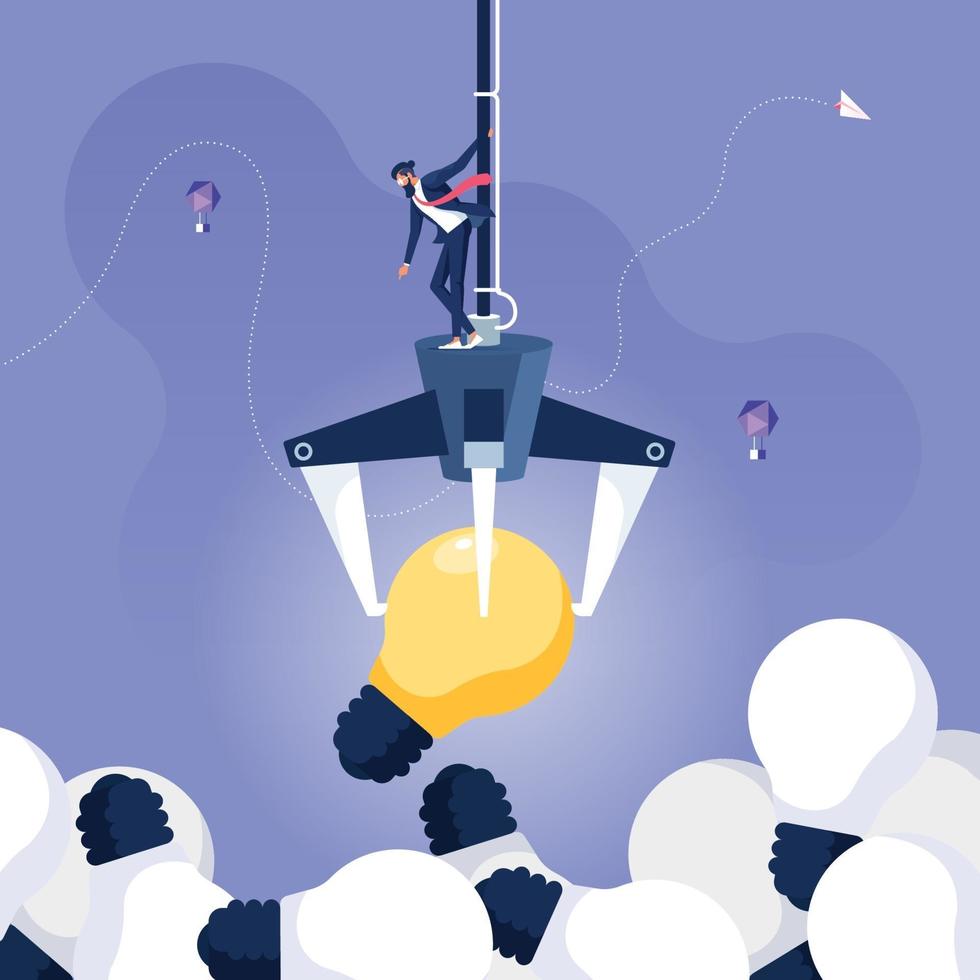 Businessman on a Claw Crane Arcade Chose the best idea. Business creativity concept vector