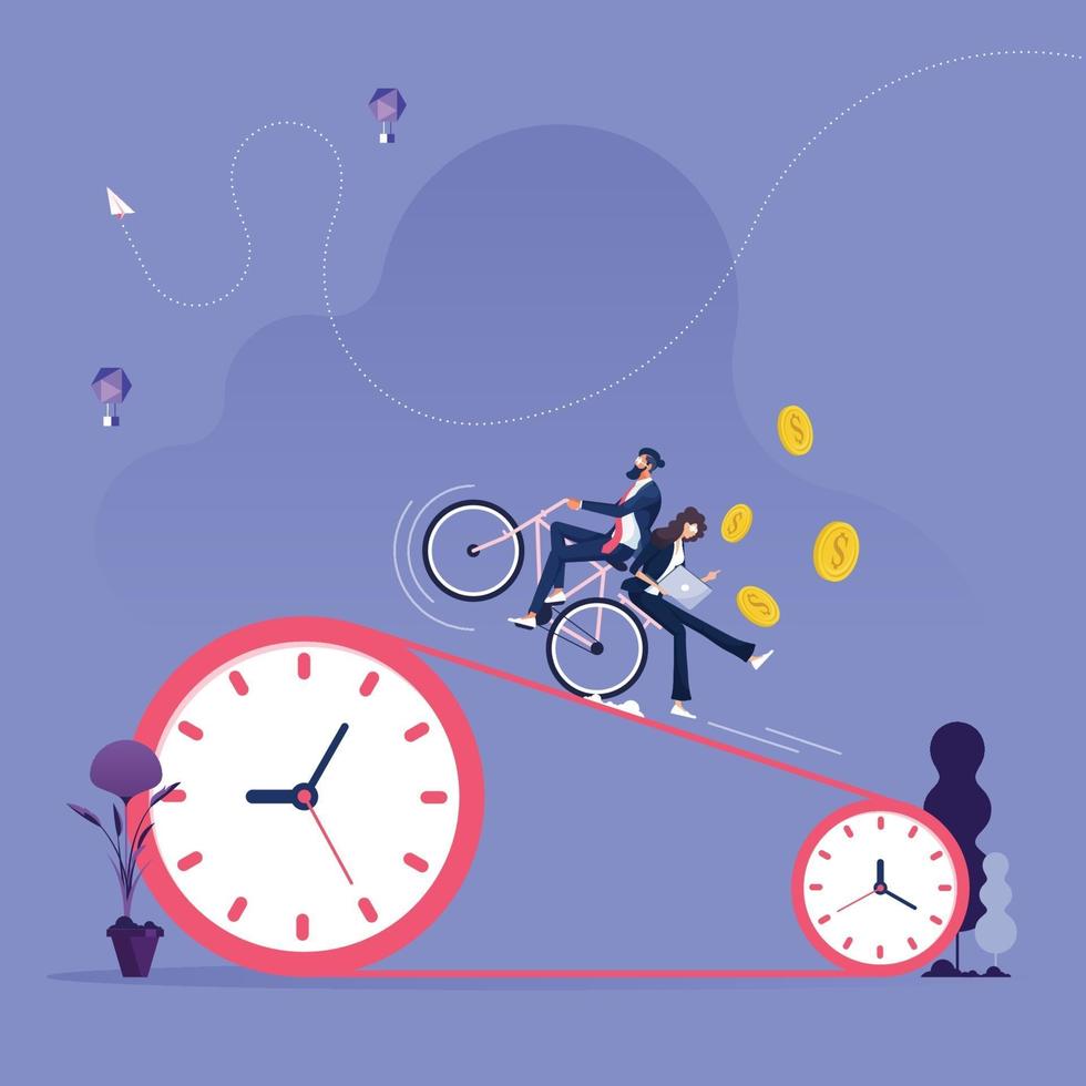 Businessman riding a bicycle on the treadmill clock. Time is money concept vector