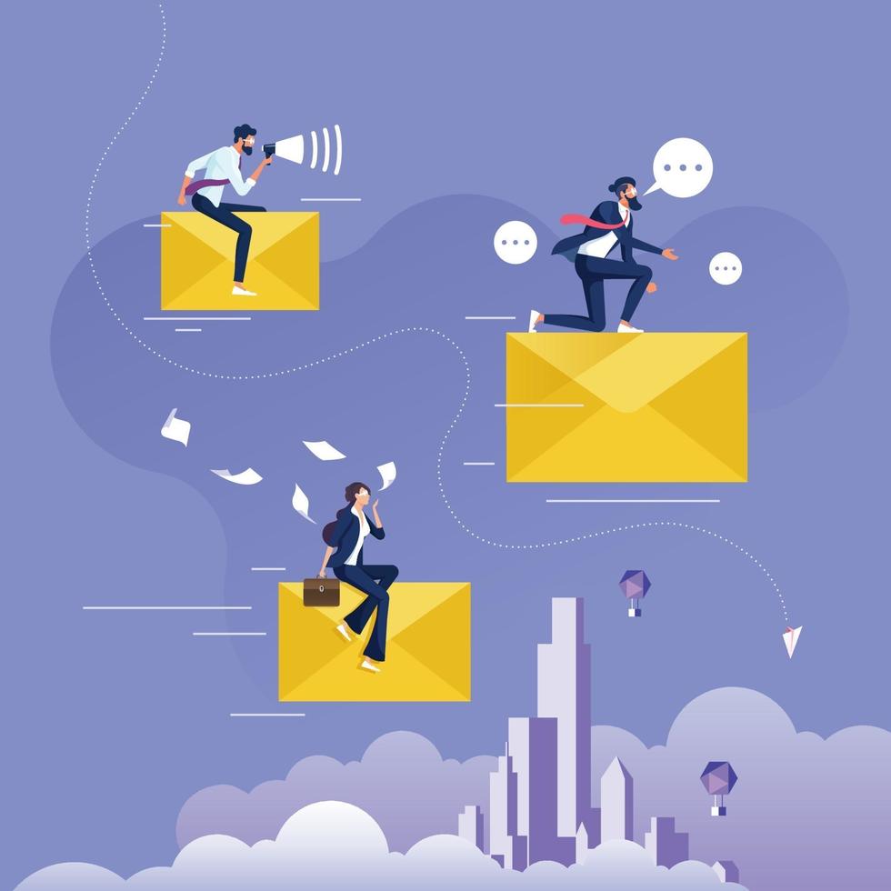 Businessman riding big flying email or envelope. Business communication concept vector