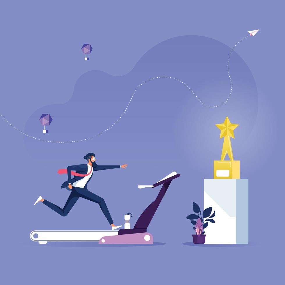 Businessman running on the treadmill trying to achieve success trophy. Business Effort Concept vector
