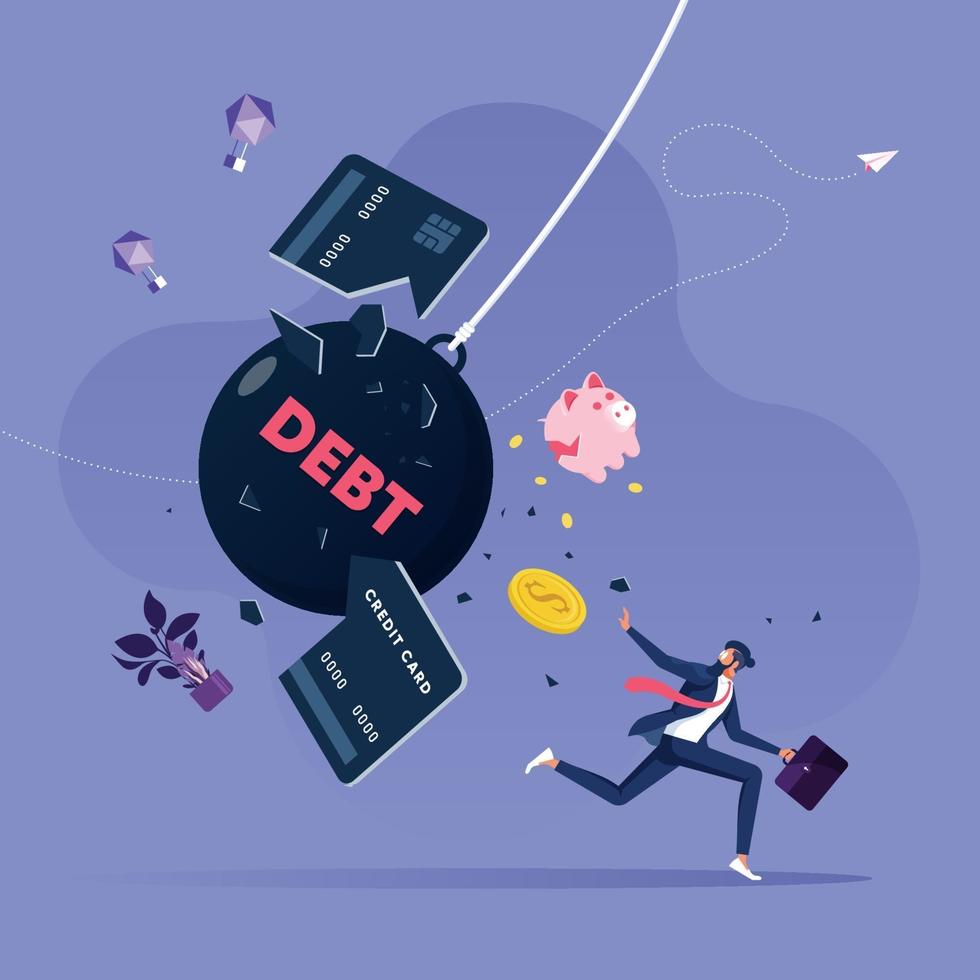 Businessman tries to escape from debt. Business financial concept vector