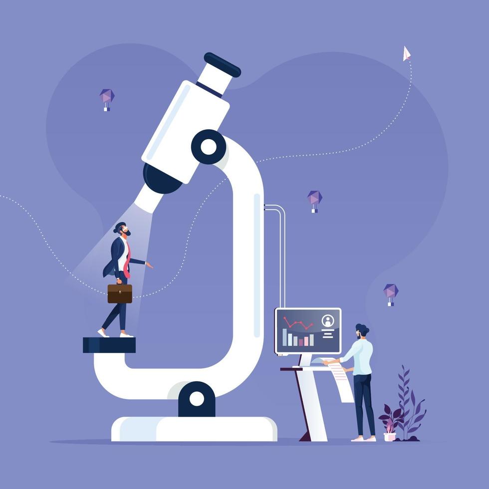 Businessman standing under a microscope. Recruitment concept vector