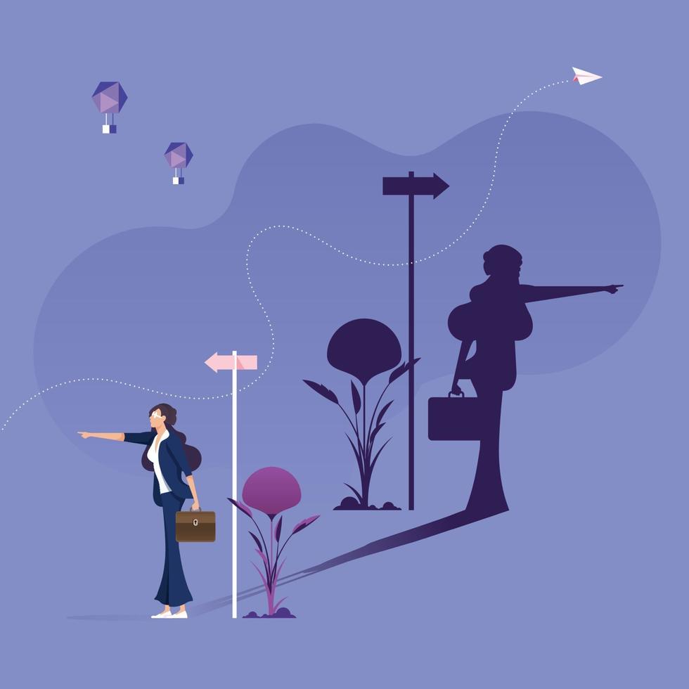 Businesswoman pointing different way with her shadow. Business direction concept vector