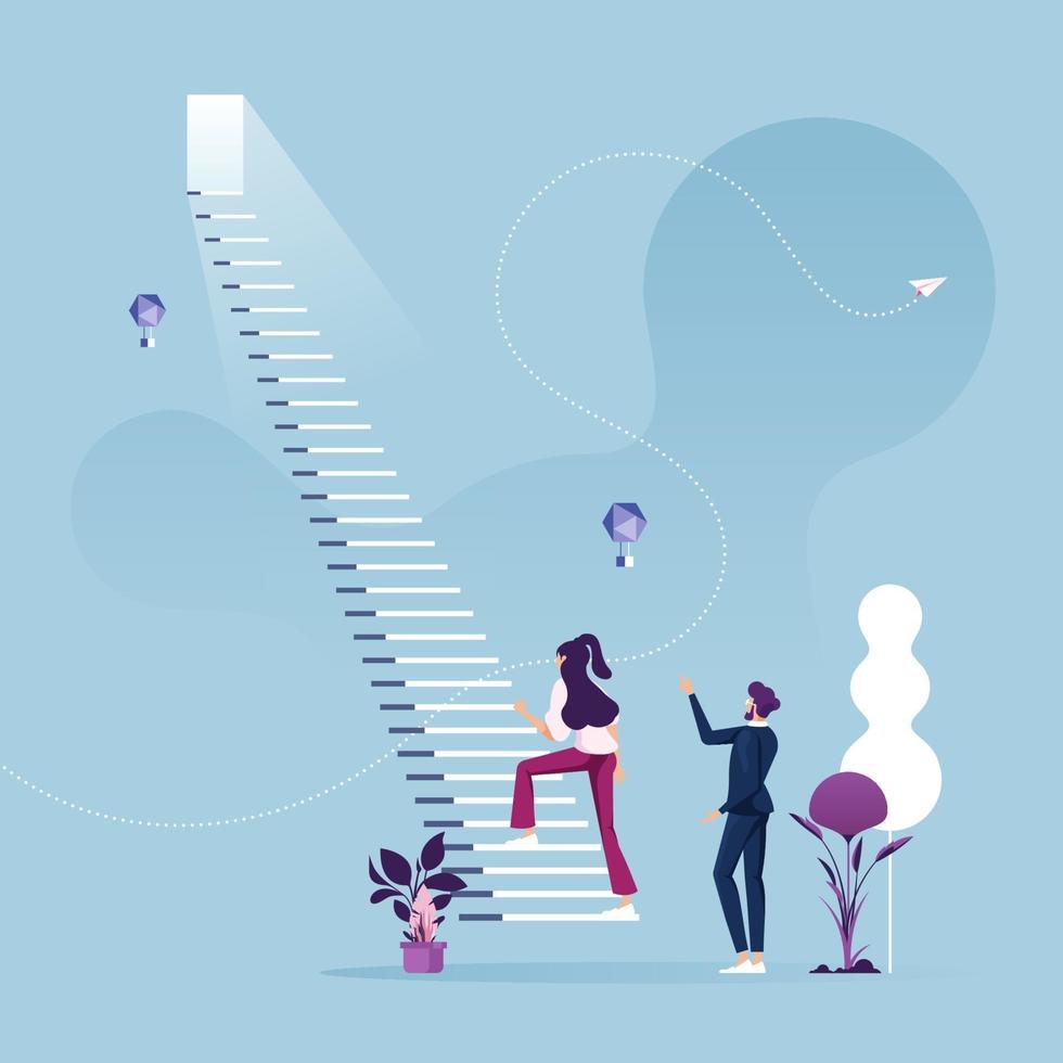 Businesswoman starts climbing stair for success. Business career concept vector