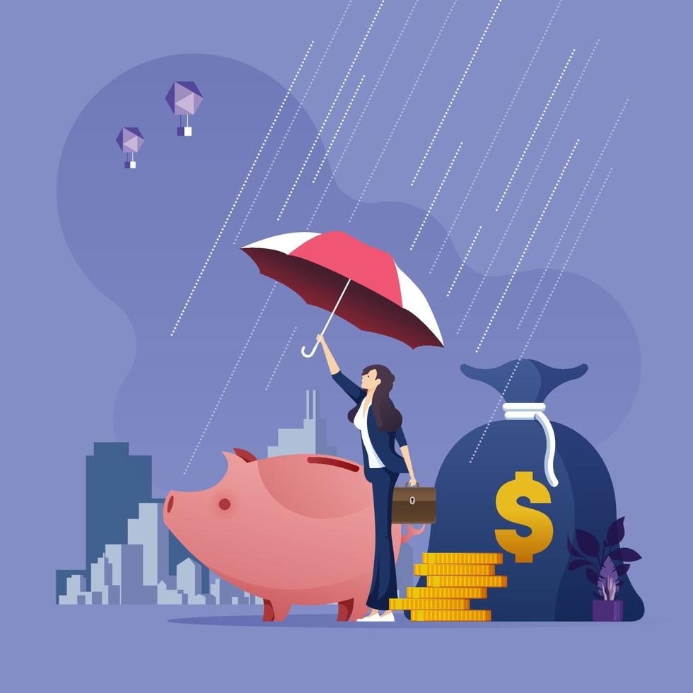 La empresaria con paraguas protegiendo el dinero de los problemas económicos. vector