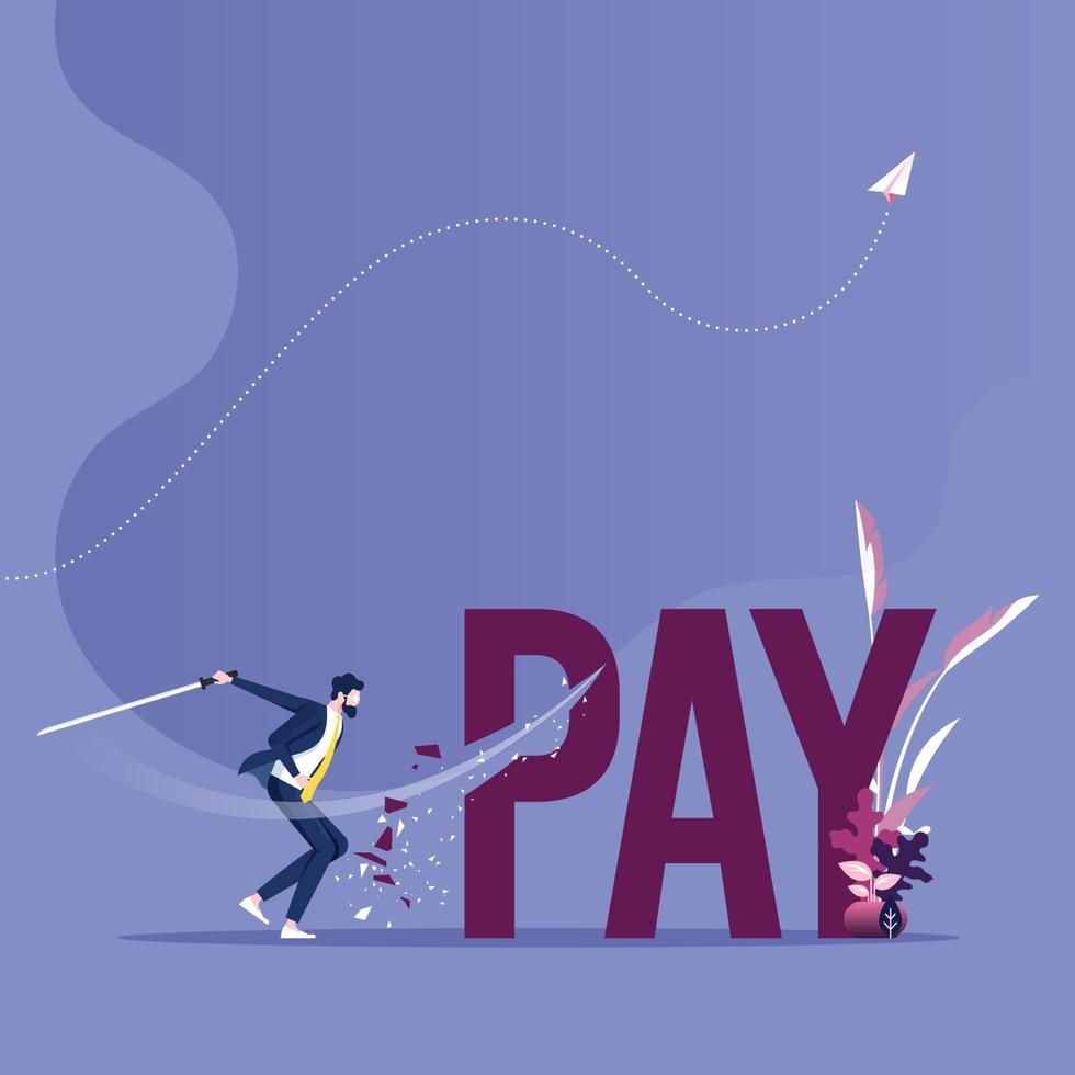 Pay cutting concept vector. Businessman cuts tax word with sword vector