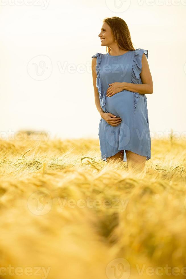 vista vertical, de, un, mujer embarazada, en, vestido azul foto