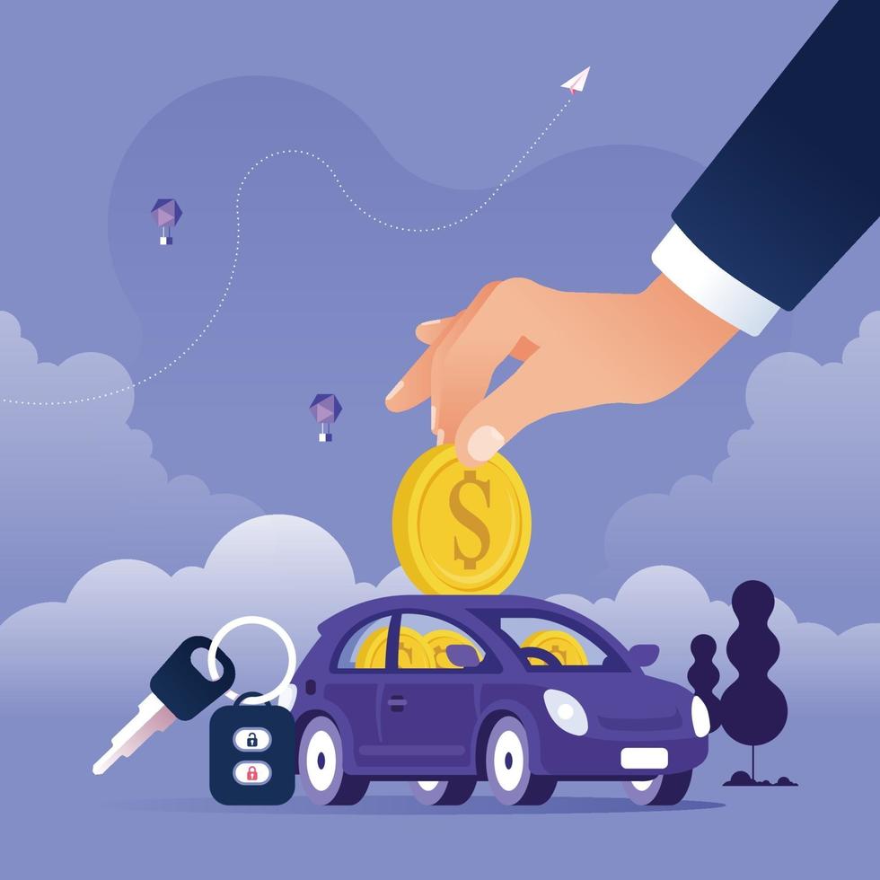 Hand putting coin into the car as piggy bank. Save money for car concept vector