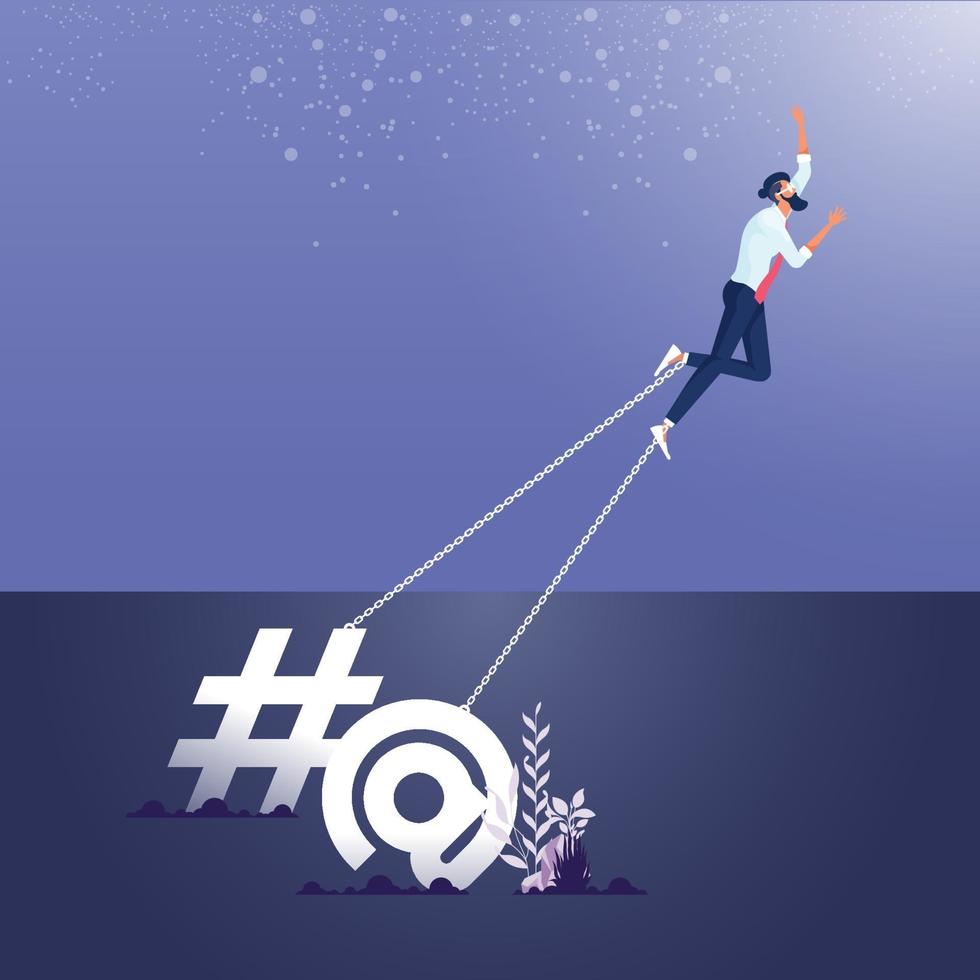 Concept of addiction to social media and online attention. Businessman chained to a big Commercial At and shape icon vector