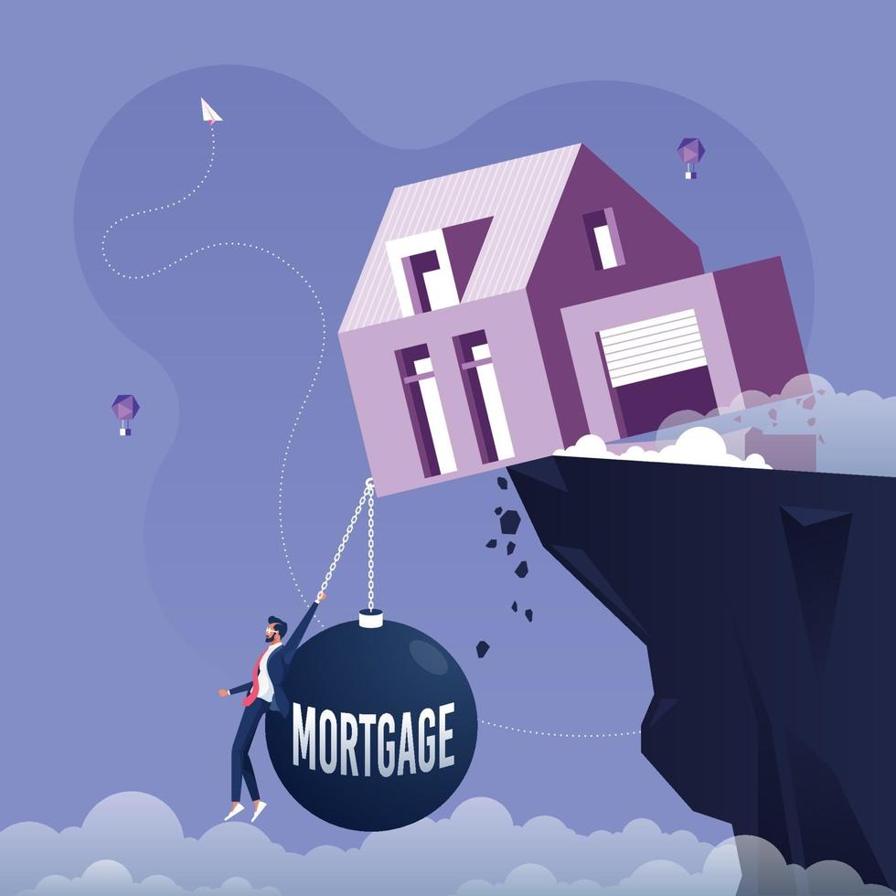 House on the edge of the cliff, pulled down by a weight of mortgage. Mortgage investment concept vector